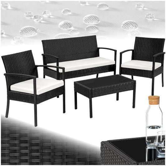 tectake® Polyrattan Gartenmöbel Set – 4-teilig mit 2 Sesseln, 1 Bank & Tisch, Wetterfeste Outdoor Lounge für Garten, Terrasse & Balkon – Schwarz