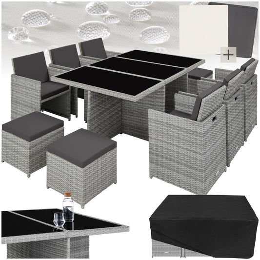 tectake Polyrattan Gartenmöbel Set, Sitzgruppe mit 6 Stühle +1 Glasplatte Tisch + 4 Hocker, Gartenlounge Set klappbar, bis zu 10 Personen, Balkon Möbel, inkl. 2 Bezugsset - hellgrau