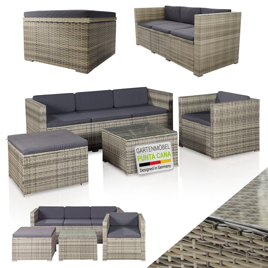 Juskys Polyrattan Lounge Punta Cana L für 4-5 Personen mit 3er Sofa, Sessel, Hocker, Tisch & Kissen, Sitzgruppe für Garten, Terrasse und Balkon, Gartenmöbel Set wetterfest - Grau-meliert