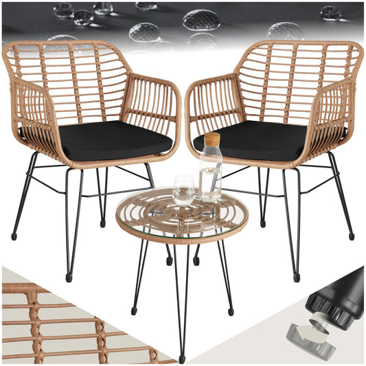 tectake® Rattan Sitzgruppe 3-teilig – Balkonmöbel Set für 2 Personen mit Tisch & Stühlen, Wetterfest & platzsparend, Natur